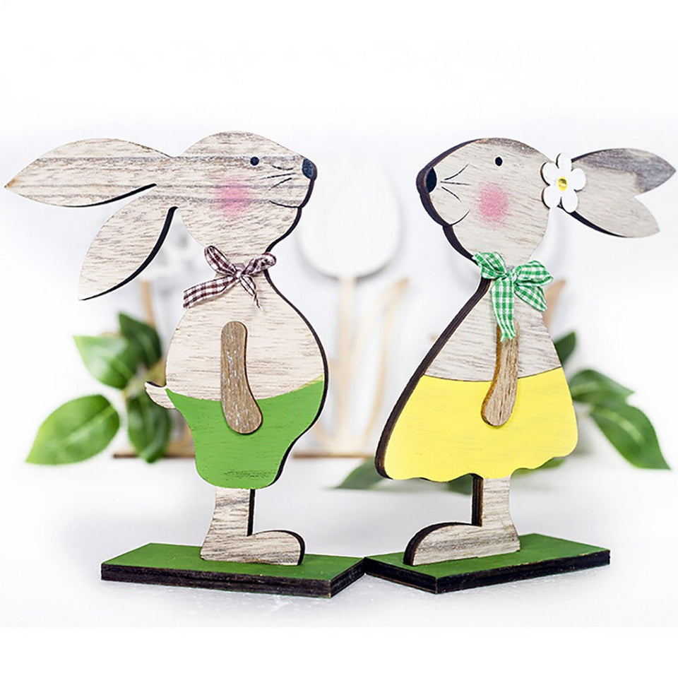 2pcs Easter Decorations Wooden Rabbit Shapes Ornaments Craft  Gifts